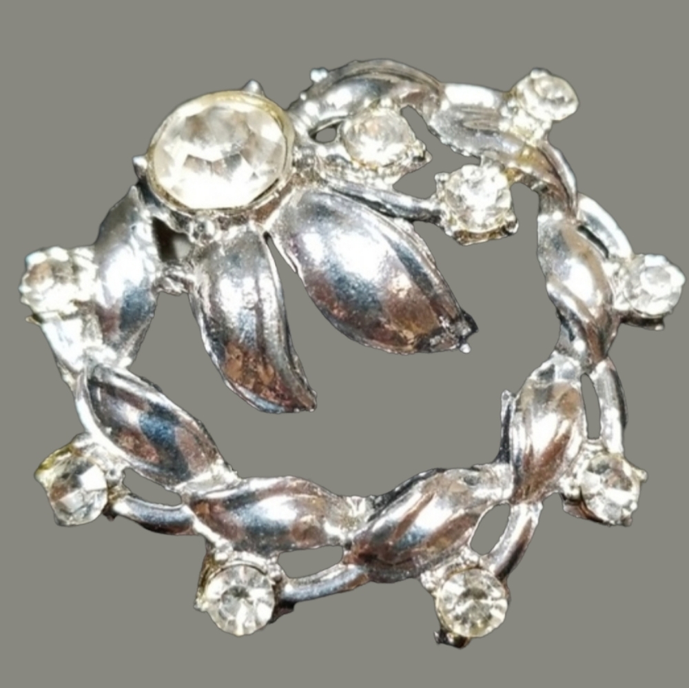 Vintage Mid Century Rhinestone Brooch Silver Tone